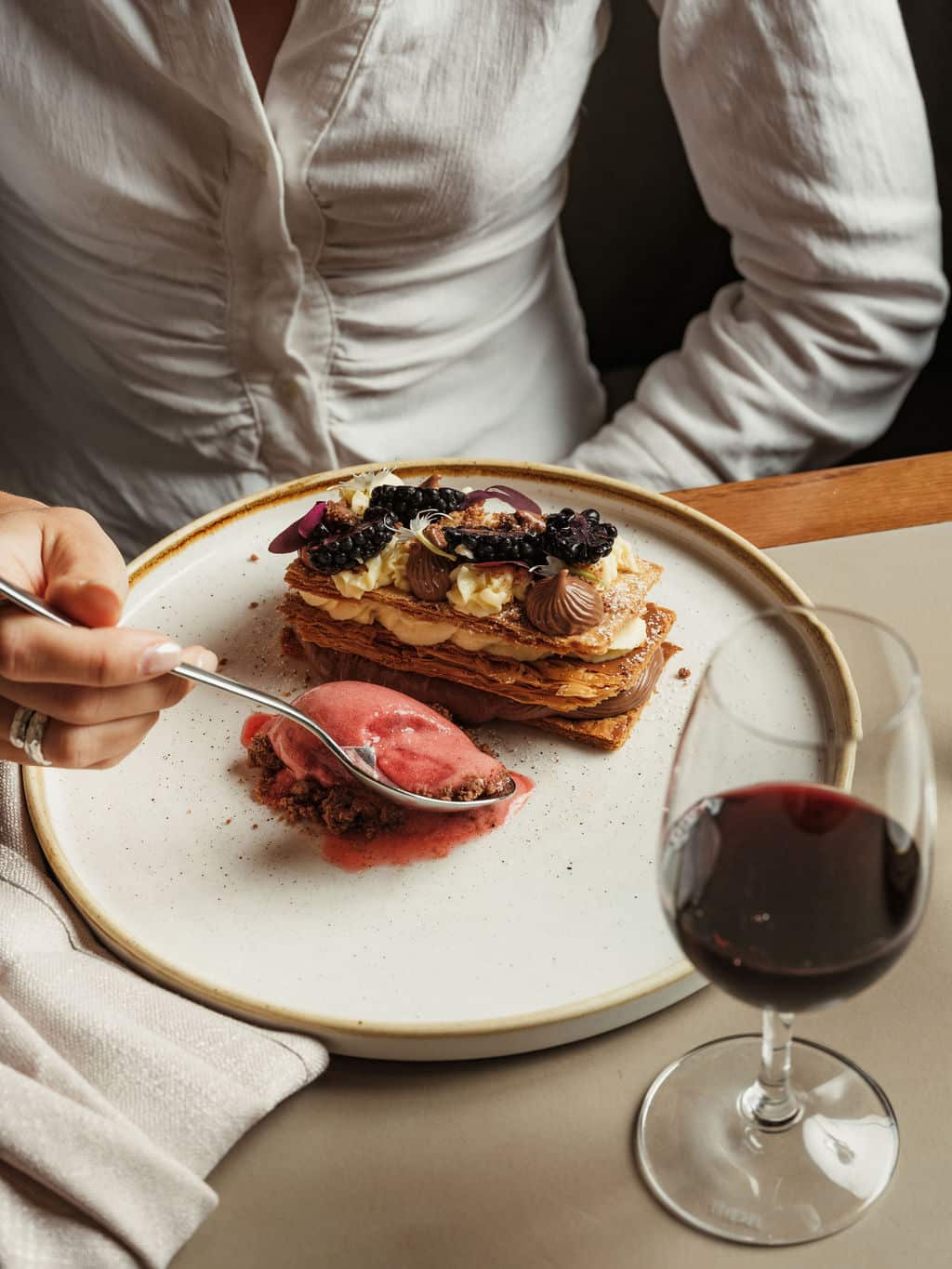 Grana dessert served with red wine